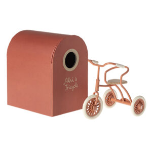 maileg tricycle toy and garage box coral