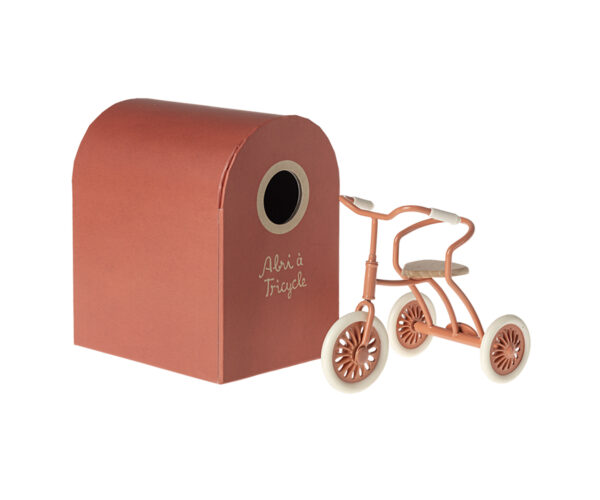 maileg tricycle toy and garage box coral