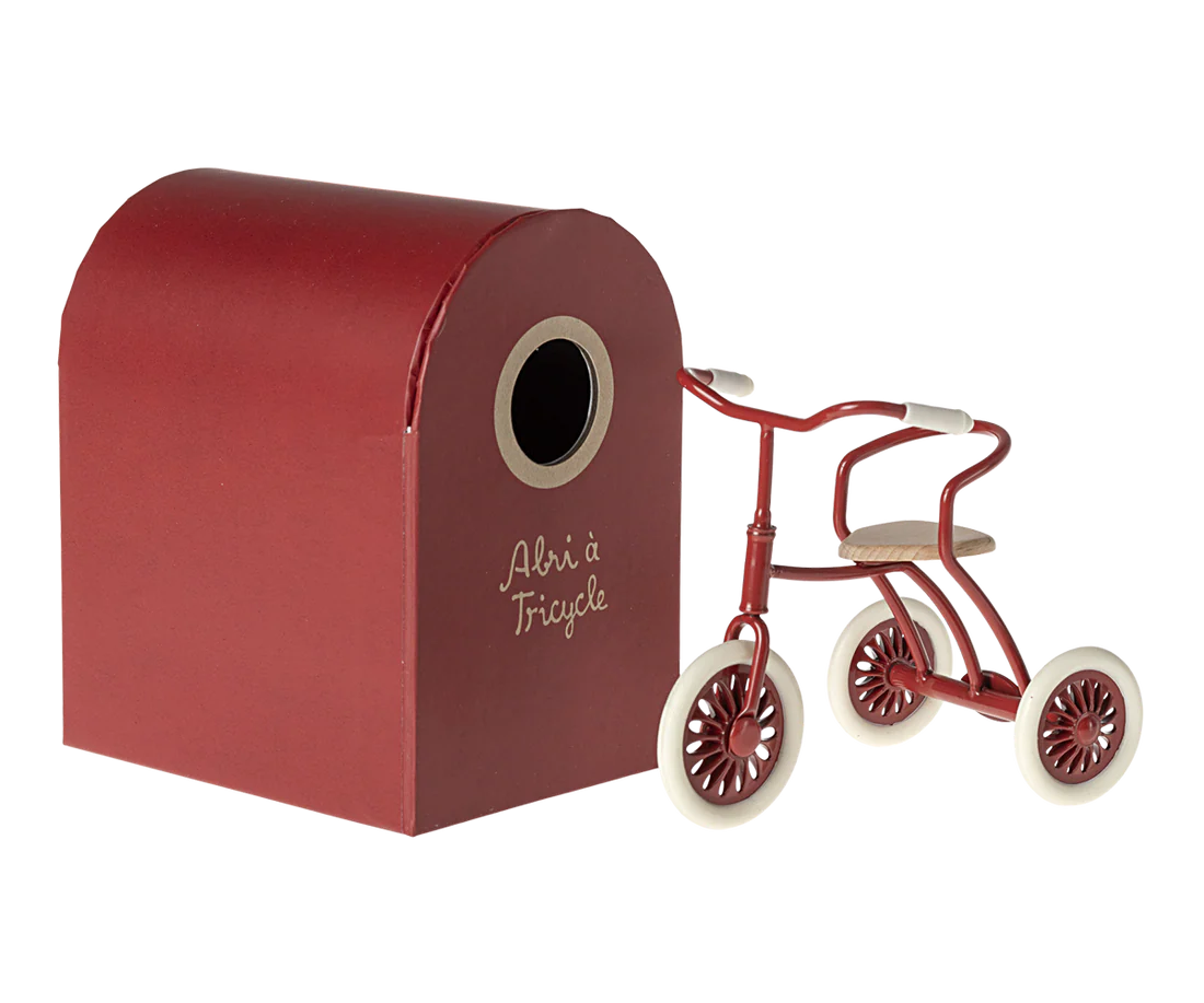 maileg tricycle toy and garage box red