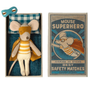 maileg super hero mouse toy in matchbox little brother