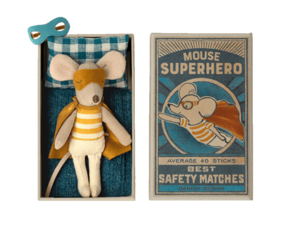 maileg super hero mouse toy in matchbox little brother