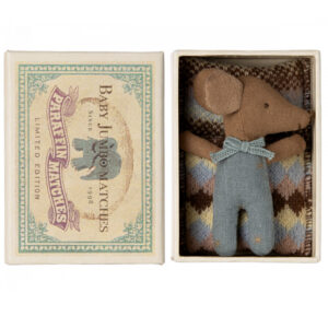 maileg sleepy wakey baby mouse in matchbox blue