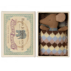 maileg sleepy wakey baby mouse in matchbox blue