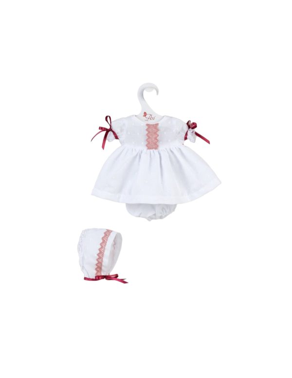 koke doll white dress with plum ribbon