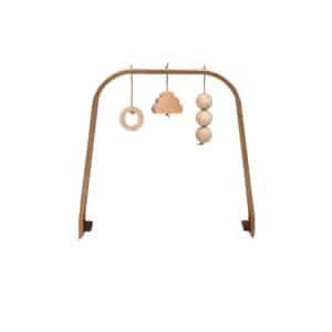 levo baby activity arch in walnut + wooden toys