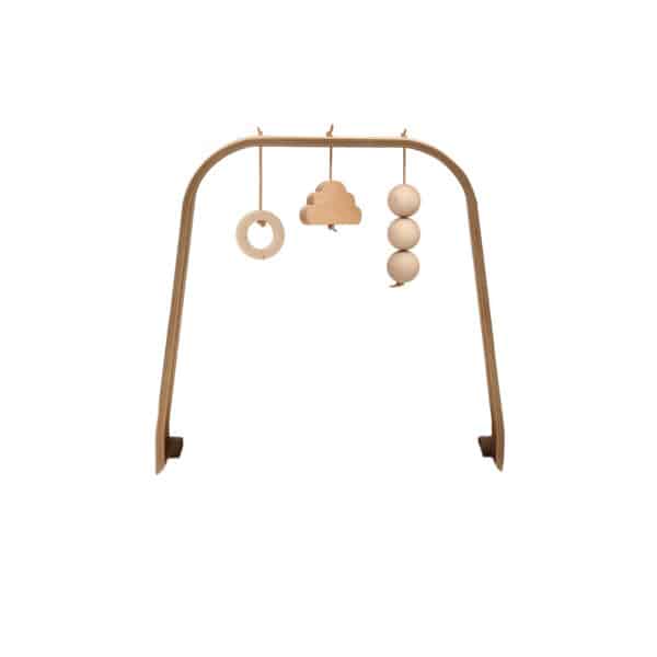 levo baby activity arch in walnut + wooden toys