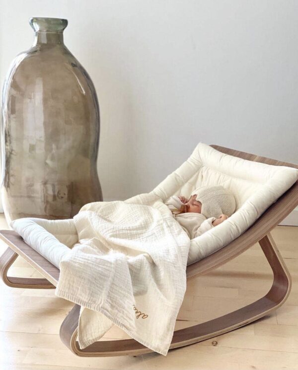 levo baby rocker in walnut organic white