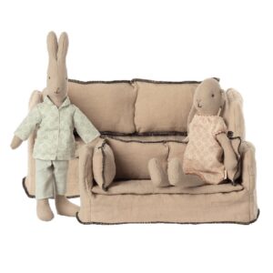 maileg miniature couch look with bunny and rabbit