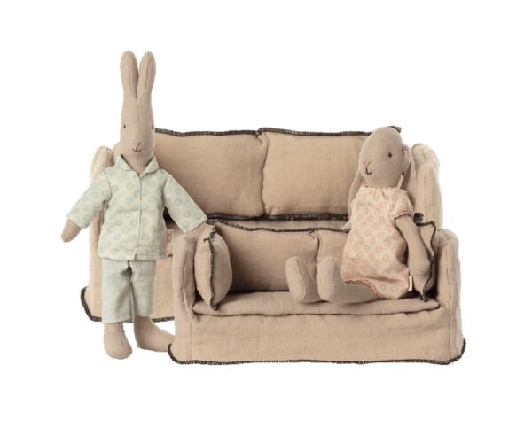 maileg miniature couch look with bunny and rabbit