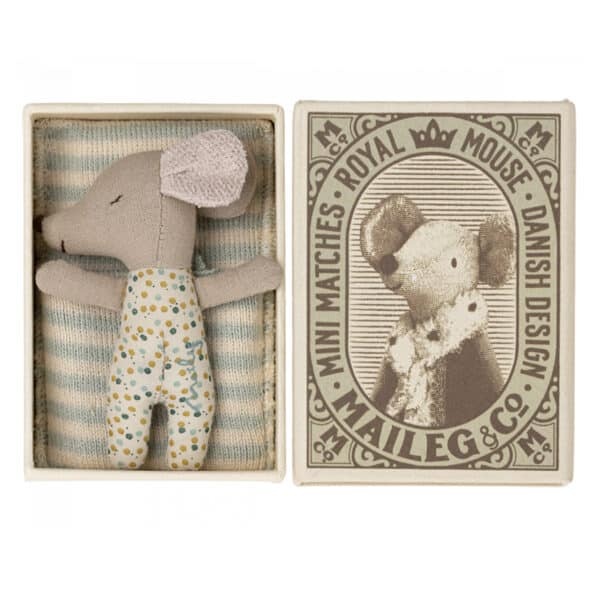 maileg sleepy wakey baby mouse in matchbox blue