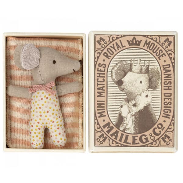 maileg sleepy wakey baby mouse in matchbox rose