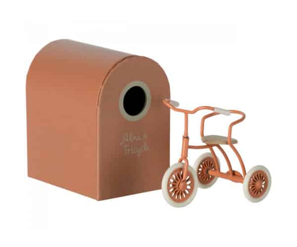 maileg tricycle toy and garage box coral