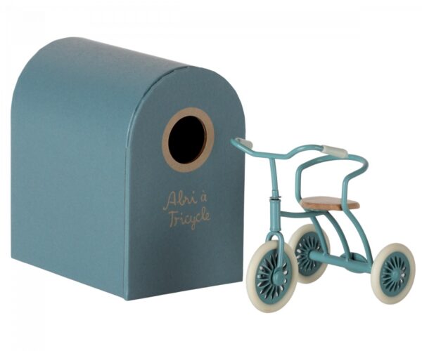 maileg tricycle toy and garage box petrol blue