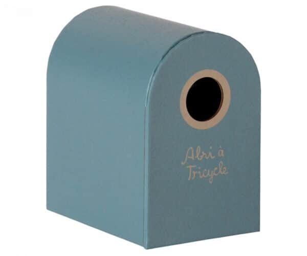 maileg tricycle toy and garage box petrol blue