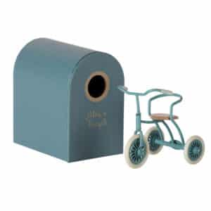maileg tricycle toy and garage box petrol blue