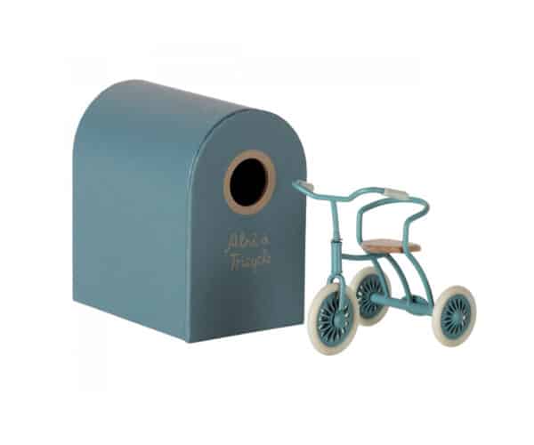 maileg tricycle toy and garage box petrol blue