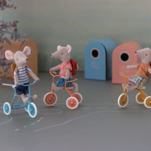 maileg tricycle toy and garage box coral