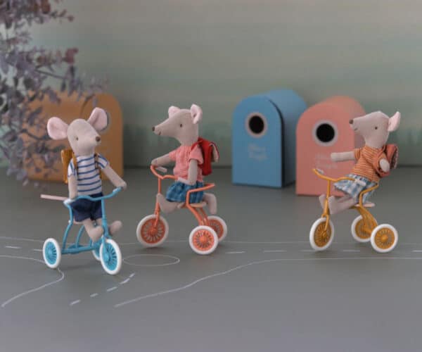 maileg tricycle toy and garage box coral
