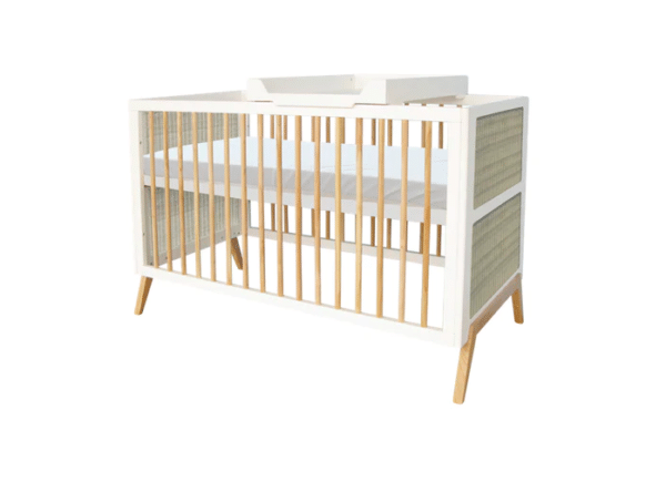 marelia evolutive baby bed+chest of drawers+wardrobe rattan webbing+leo nursing box snow white