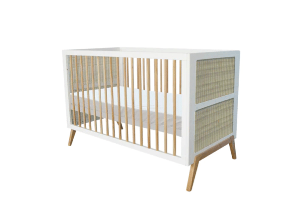 marelia evolutive baby bed+chest of drawers+wardrobe rattan webbing+leo nursing box snow white