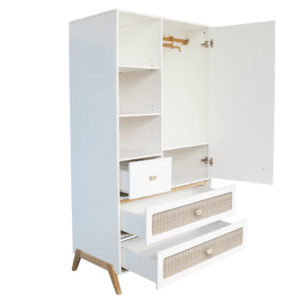marelia evolutive baby bed+chest of drawers+wardrobe rattan webbing+leo nursing box snow white