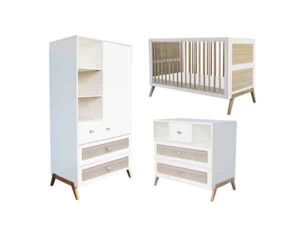 marelia evolutive baby bed+chest of drawers+wardrobe rattan webbing neige