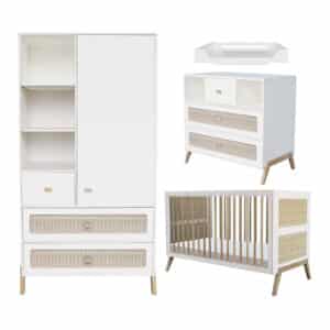 marelia evolutive baby bed+chest of drawers+wardrobe rattan webbing+nursing box snow white