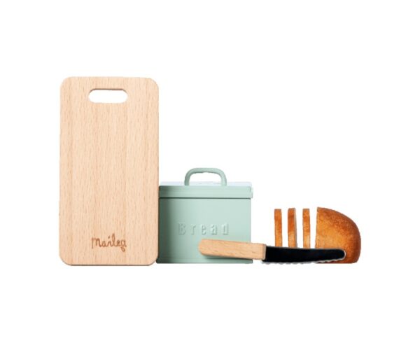 miniature bread box with cutting board and knife