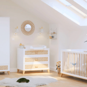 nami evolutive baby bed+chest of drawers+wardrobe rattan webbing+leo nursing box snow white