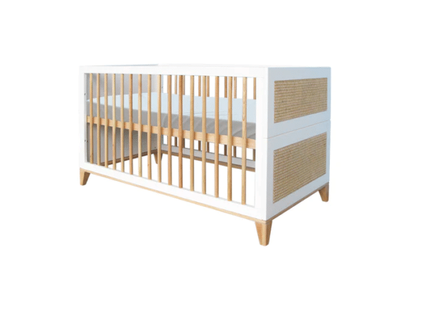 nami evolutive baby bed+chest of drawers+wardrobe rattan webbing+leo nursing box snow white