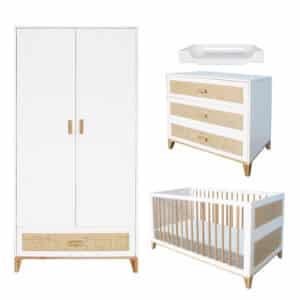 nami evolutive baby bed+chest of drawers+wardrobe rattan webbing+nursing box snow white