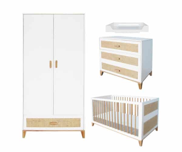 nami evolutive baby bed+chest of drawers+wardrobe rattan webbing+nursing box snow white