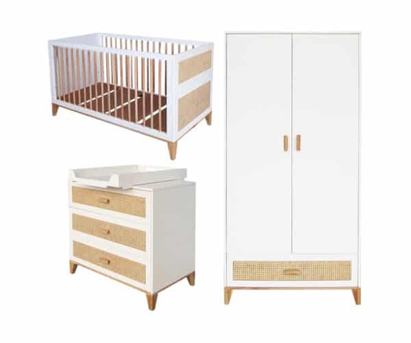 nami evolutive baby bed+chest of drawers+wardrobe rattan webbing white