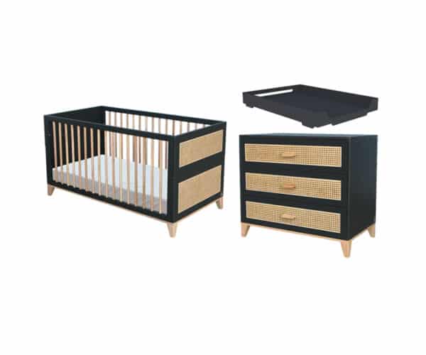 nami evolutive baby bed+chest of drawers rattan webbing+leo nursing box onyx