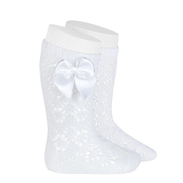 perle openwork knee socks with grossgrain bow white