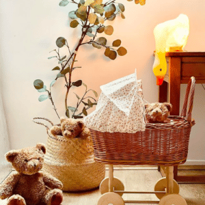 pram wicker toy with acorn bedding