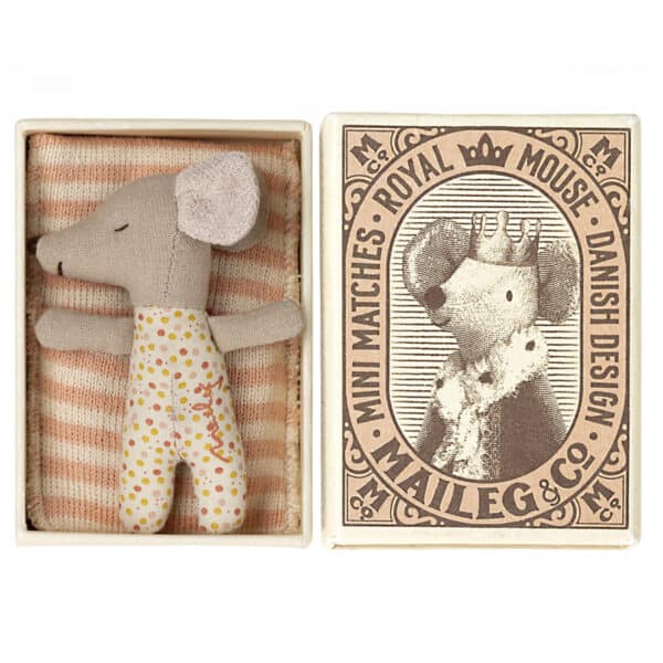 maileg sleepy wakey baby mouse in matchbox rose