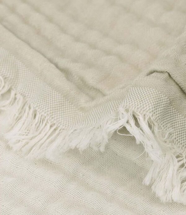 blanket cradle fringe olive green and ivory