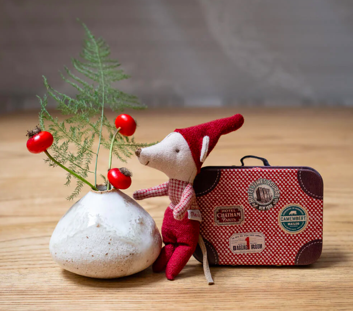 maileg christmas mouse, baby in suitcase