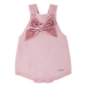 garter stitch baby romper with velvet bow pale pink
